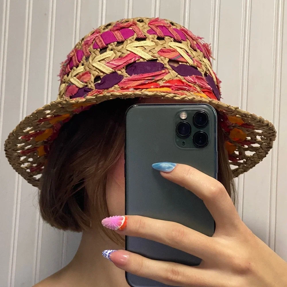 Vintage Boho Retro Multicolor Straw Bucket Hat Woven Made in Italy Shabby Chic